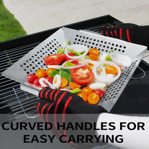 Stainless Steel Grill Basket For Indoor And Outdoor Use Large 12 By 12 By 2 Inch Veggie And Kabob Grilling Basket Heavy Duty