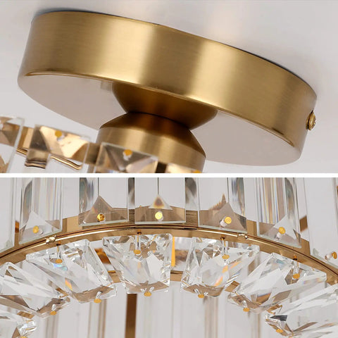 Brass Semi Flush Ceiling Light Fixture Chandelier For Hallways Dining Rooms Foyers Living Rooms Bedrooms And Entryways Dope Modern Sparkle With Elegant Glass Reflection For A Luxe Everyday Glow, close-up of brass finish and crystal details.
