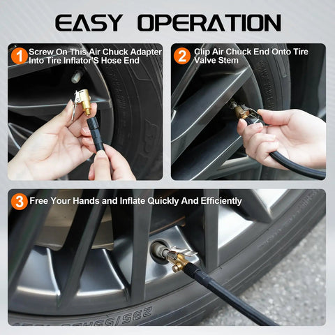 Demonstrating Locking Brass Tire Air Chuck With Quick Connect Adapter For Schrader Valves, 1/4 Inch NPT in use on tire.