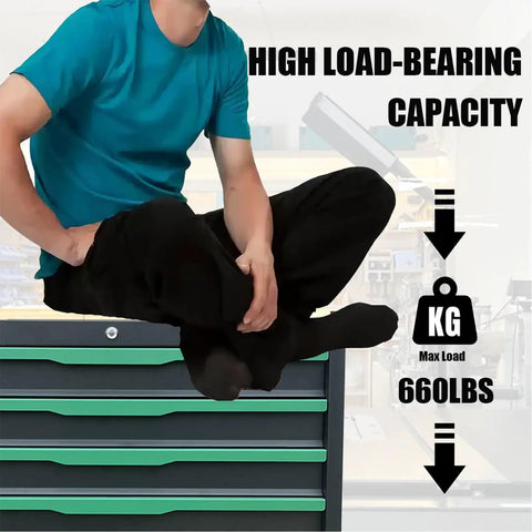 Person sitting on Beast Rolling Tool Cart Cabinet With 7 Lockable Drawers Double Shelves And Wood Workbench Heavy Duty Steel Construction.