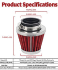 Universal 42mm air filter for Pod and 150cc to 250cc motorcycles and ATVs, showcasing product dimensions and red cloth filter