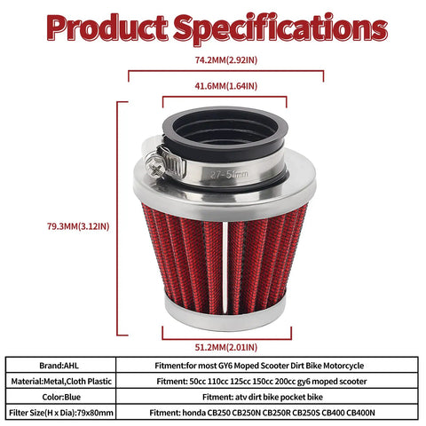 Universal 42mm air filter for Pod and 150cc to 250cc motorcycles and ATVs, showcasing product dimensions and red cloth filter