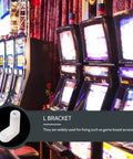 Close-up of white plastic L bracket for shelves with smooth finish, displayed over an image of slot machines.