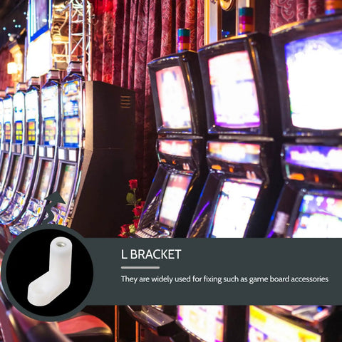 Close-up of white plastic L bracket for shelves with smooth finish, displayed over an image of slot machines.