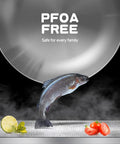 PFOA free 12 Inch Tri Ply Stainless Steel Pan No PFOA Or PTFE For Even Heat Quick Preheat Skillet with fresh fish, lime, and tomatoes