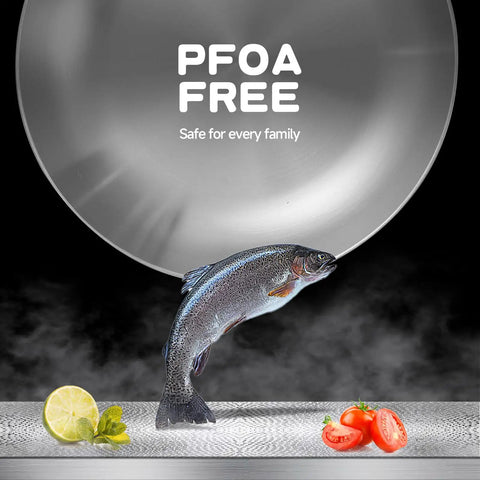 PFOA free 12 Inch Tri Ply Stainless Steel Pan No PFOA Or PTFE For Even Heat Quick Preheat Skillet with fresh fish, lime, and tomatoes