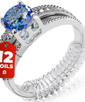 Ring Size Adjusters For Loose Rings 12 Pack Snug Up Your Fit Guards Spacers Tighteners Fits Bands Up To 6mm Reduces Size By 0.5 To 1.5 Sizes For Women And Men on a ring with blue stone and clear coils