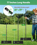 36X10 Inch Lawn Leveling Rake With Adjustable Long Handle displayed in three height options shown in a garden setting
