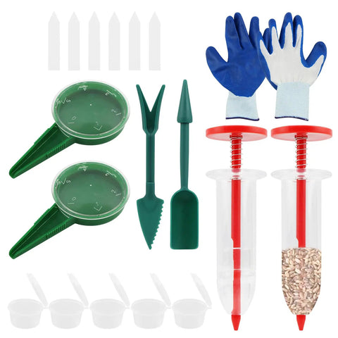 7 Piece Mini Seed Spreader Tool Set For Precise Seed Dispensing And Easy Garden Planting with gloves, dibber, widger, and dispensers.
