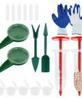 Mini Seed Spreader Set With Gloves 6 Piece Handheld Seed Sower Kit Including Dibber And Trowel For Tiny Seeds Easy Direct Sowing Even Rows Carrots Radishes Lettuce And More displayed in a set with tools and gloves