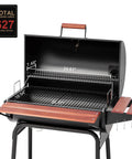 Open 30 Barrel Charcoal Grill With Wood Painted Side Front Table And 627 Sq In Cooking Space, showing rack dimensions for backyard BBQs.