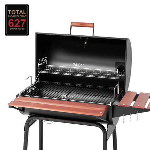 Open 30 Barrel Charcoal Grill With Wood Painted Side Front Table And 627 Sq In Cooking Space, showing rack dimensions for backyard BBQs.