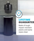 Wall Mounted Gym Wipe Dispenser With No-Touch Sanitizing Wipes shown on a wall above a waste bin, space-saving no-touch dispenser for gyms.