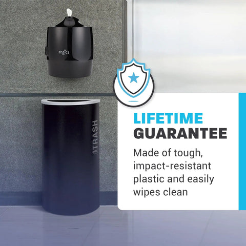 Wall Mounted Gym Wipe Dispenser With No-Touch Sanitizing Wipes shown on a wall above a waste bin, space-saving no-touch dispenser for gyms.