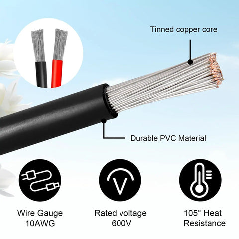 10AWG Solar Panel To SAE Adapter Cable, 10Ft PV Solar Extension Wire, tinned copper core, durable PVC material, 600V rating