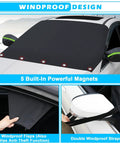 Heavy Duty Windshield Cover For Ice And Snow with 600D Oxford Fabric showing magnets and mirror straps on a car