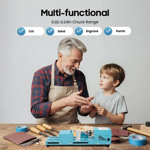 Grandfather and child using ZephPerton 96 Watt Mini Lathe Machine With Pure Copper Motor for DIY projects.