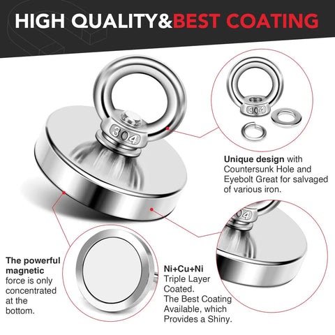 Beast Mode Neodymium Fishing Magnet With 350 Pound Pulling Force Eyebolt Countersunk Hole Diameter 50 mm For River Treasure Retrieval And Magnetic Debris Recovery