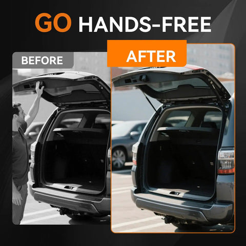 Before and after of Toyota 4Runner Beefy Liftgate Struts Replacement Kit for 2010 2023 Rear Hatch Lift Support Shocks Pair OEM Quality 689070W091 689070W090A 689070W100 Fitment for Toyota SUV showing hands-free operation.