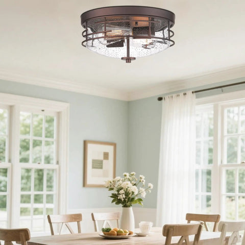 Oil Rubbed Bronze 2 Light Flush Mount Ceiling Light With Seeded Glass Industrial Close To Ceiling Fixture in dining room.