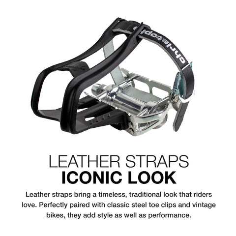 Christophe Leather Toe Straps With Steel Buckles For Track Touring Vintage And Fixed Gear Bikes Genuine Leather Foot Retention 370mm Length Black Premium Quality