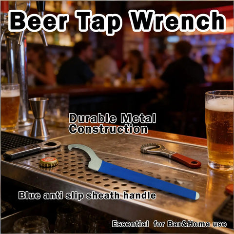 Extended Handle Heavy Duty Steel Galvanized Beer Tap Wrench for Draft Systems on bar counter with blue sheath handle