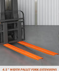 Heavy Duty Steel Fork Extensions For Forklift Trucks, 4.5 Inch Wide Pallet Forks, 96 Inch Length, Orange, 1 Pair, installed on forklift