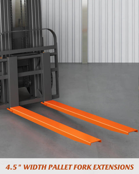 Heavy Duty Steel Fork Extensions For Forklift Trucks, 4.5 Inch Wide Pallet Forks, 96 Inch Length, Orange, 1 Pair, installed on forklift