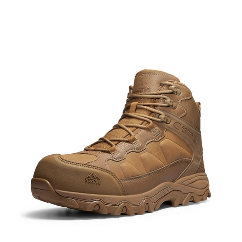 Men's Waterproof Steel Toe Work Boots With Slip Resistant Outsole For Industrial Jobs Paladin Steel Toe Durable Construction Water Resistant Suede Upper ASTM F2413 18 Safety Rating Coyote Color Size 9, side view.