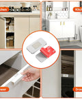 Ultra Thin Cabinet Door Magnets 4 Pack No Drill Stainless Steel Magnetic Latches Stick On Strong Adhesive For Kitchen Cabinets Bathrooms Closets And RV Drawers Seamless Hidden Closures in use on kitchen cabinets and drawers, featuring adhesive installation.