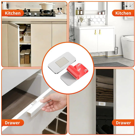 Ultra Thin Cabinet Door Magnets 4 Pack No Drill Stainless Steel Magnetic Latches Stick On Strong Adhesive For Kitchen Cabinets Bathrooms Closets And RV Drawers Seamless Hidden Closures in use on kitchen cabinets and drawers, featuring adhesive installation.