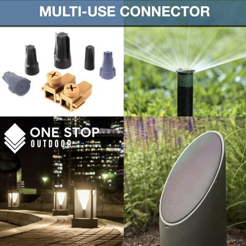 Premium Pro-Grade Waterproof Twist-On Wire Connectors 50 Pack 8-22 AWG Grey Silicone-Filled 600V Max For Landscape Lighting, Irrigation, Outdoor Speakers, All-Weather Wiring Projects shown in various outdoor applications.
