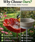 Comparison of a Metal Flower Garden Stake Bird Bath Watering Station for Pollinators with a plastic bowl, featuring a bird amid flowers.