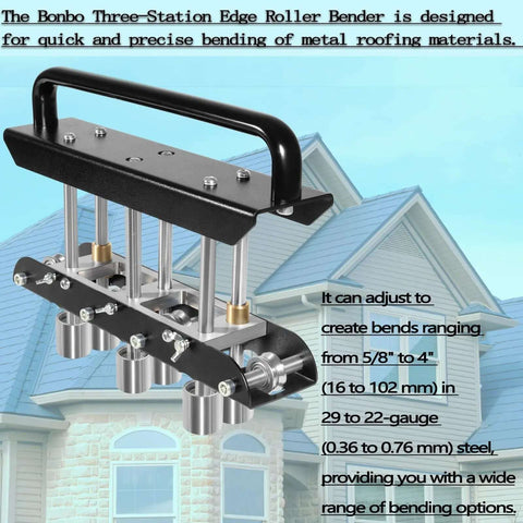 Three Station Edge Roller Bender for Sheet Metal Beading, Large Radius Bending Tool With 0 to 90 Degree Range shown against a house background.