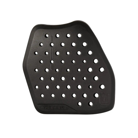Close-up of a black removable guard for NOCSAE Protective Chest Guard Shirt for Adults, perforated design for ventilation.