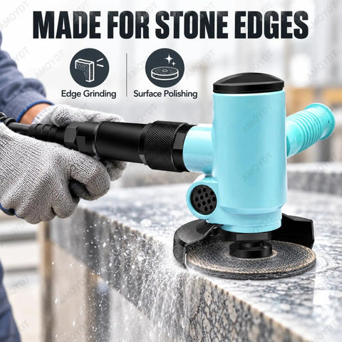 Top Tier Pneumatic Air Angle Grinder 4 Inch for edge grinding and surface polishing on stone with water spray.