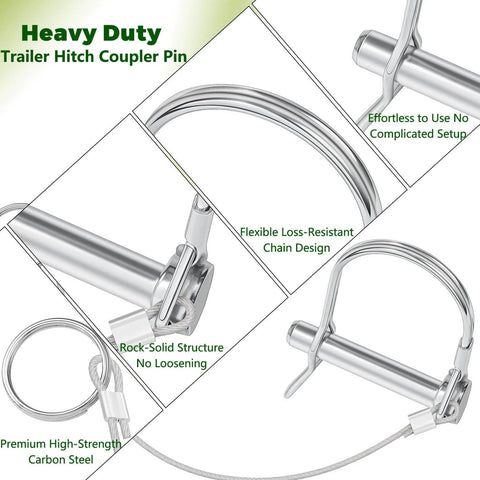 Close-up of Five Sixteenth Inch Trailer Hitch Coupler Pins With Steel Quick Release Ring showcasing features and design