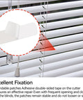 Top Notch 20 Pack White Mini Horizontal Blind Repair Tabs, adhesive patch on slat demonstrating excellent fixation for blinds.
