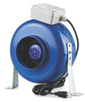 6 Inch Inline Duct Fan With Centrifugal Impeller, Delivers 456 CFM At Zero Static Pressure, 420 CFM At 0.2 In, External Rotor Motor, 152 W, Easy Install With Mounting Brackets And Power Cord, blue housing