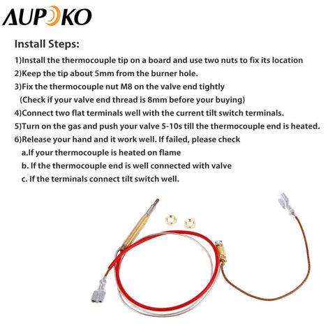 Aupoko patio heater thermocouple kit with red and silver wires and brass fittings, 410 mm length