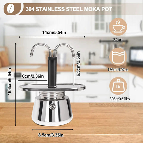 Heavy Duty 2 Cup Dual Pipe Moka Pot Crafted From Thickened 304 Stainless Steel Using Fully Uncoated Inner Walls For Rock Solid Extraction That Totally Slaps When You Kickstart Your Daily Grind on kitchen counter