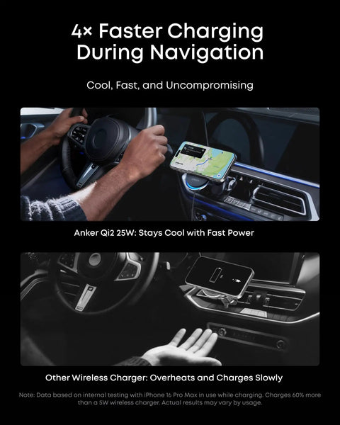 Prime MagSafe Car Mount Charger With Qi2 25W Wireless Fast Charging for iPhone in use on car air vent showing navigation