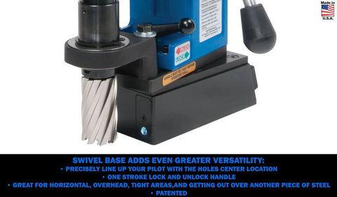 Hougen HMD904S 115V swivel-base magnetic drill; blue body, black base with metal twist drill bit.