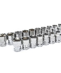 21-Piece Three Eighths Inch Drive Pass-Thru Ratchet And Socket Set SAE Metric With Thin Head, six-point sockets displayed