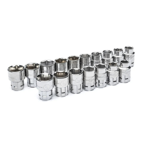 21-Piece Three Eighths Inch Drive Pass-Thru Ratchet And Socket Set SAE Metric With Thin Head, six-point sockets displayed