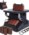 450W Electric Oscillating Spindle Sander And Belt Sander Combo With Five Heavy Duty Sanding Sleeves on black base and red sleeves.