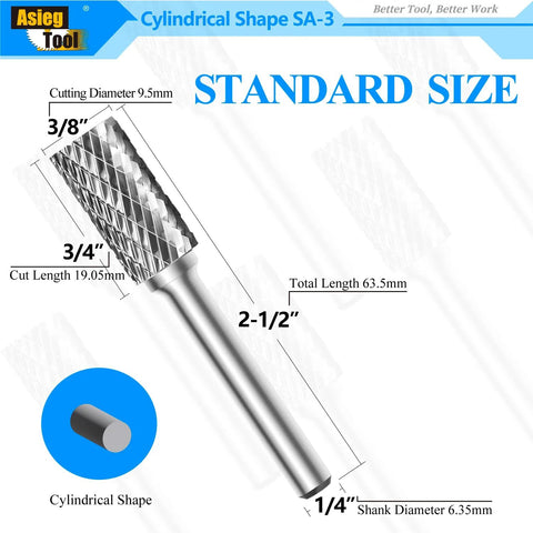 Front view of Asieg Tool SA-3 tungsten carbide cylindrical burr, double-cut; 1/4 in shank, 3/8 in cutter, 3/4 in length