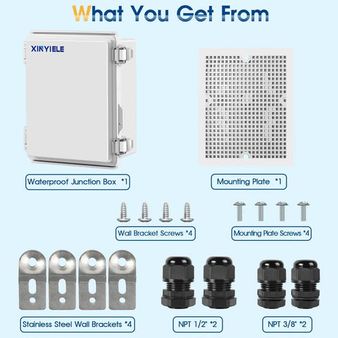 Rugged Outdoor ABS Junction Box IP67 Weatherproof Enclosure With Hinged Cover, Mounting Plate And Wall Brackets, components displayed