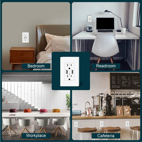 4 Pack USB Charger In Wall Outlet With Dual USB Ports 4.8A Total Output in various room settings
