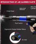 Air Hammer Chisel Kit With 4 Chisels And Quick Change Retainer, 2200 BPM, labeled parts, ergonomic design, auto body repairs